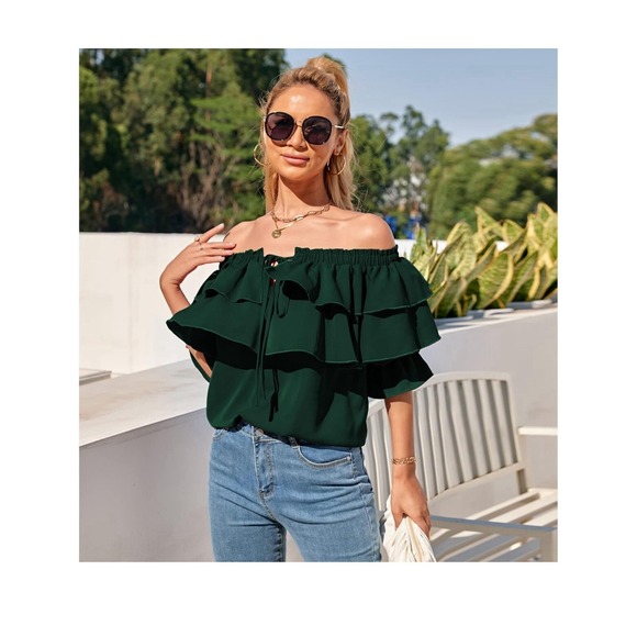 Byinns Women's Off Shoulder Ruffle Long Sleeve Blouses Casual Layered Tops Sz XL - Picture 8 of 9